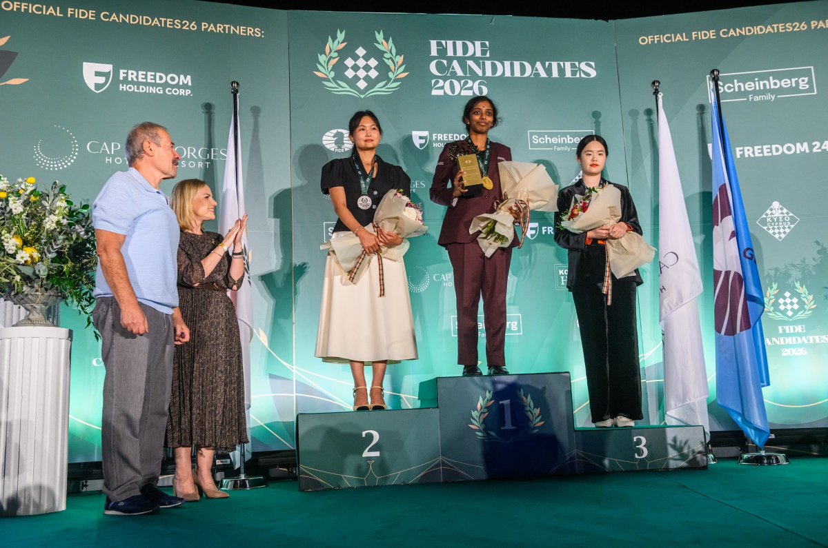 Indian Grandmaster Vaishali Rameshbabu (8.5) emerged the champion ahead of Kazakh GM Bibisara Assaubayeva (8.0) after the 14th round of the FIDE Women’s Candidates 2026 at the Cap St Georges Hotel & Resort in Pegeia, Cyprus...